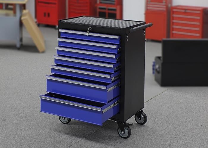 Blaue Fach-Garagen-Speicher-Werkzeug-Kabinette der harten Beanspruchung 7 auf den Rädern verschließbar